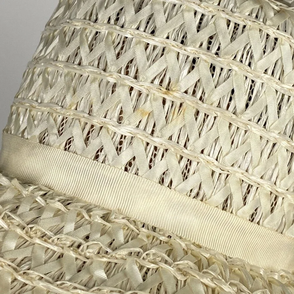Vintage Wide Brim Straw Hat Ivory with Ribbon Bow Accent Union Made in USA